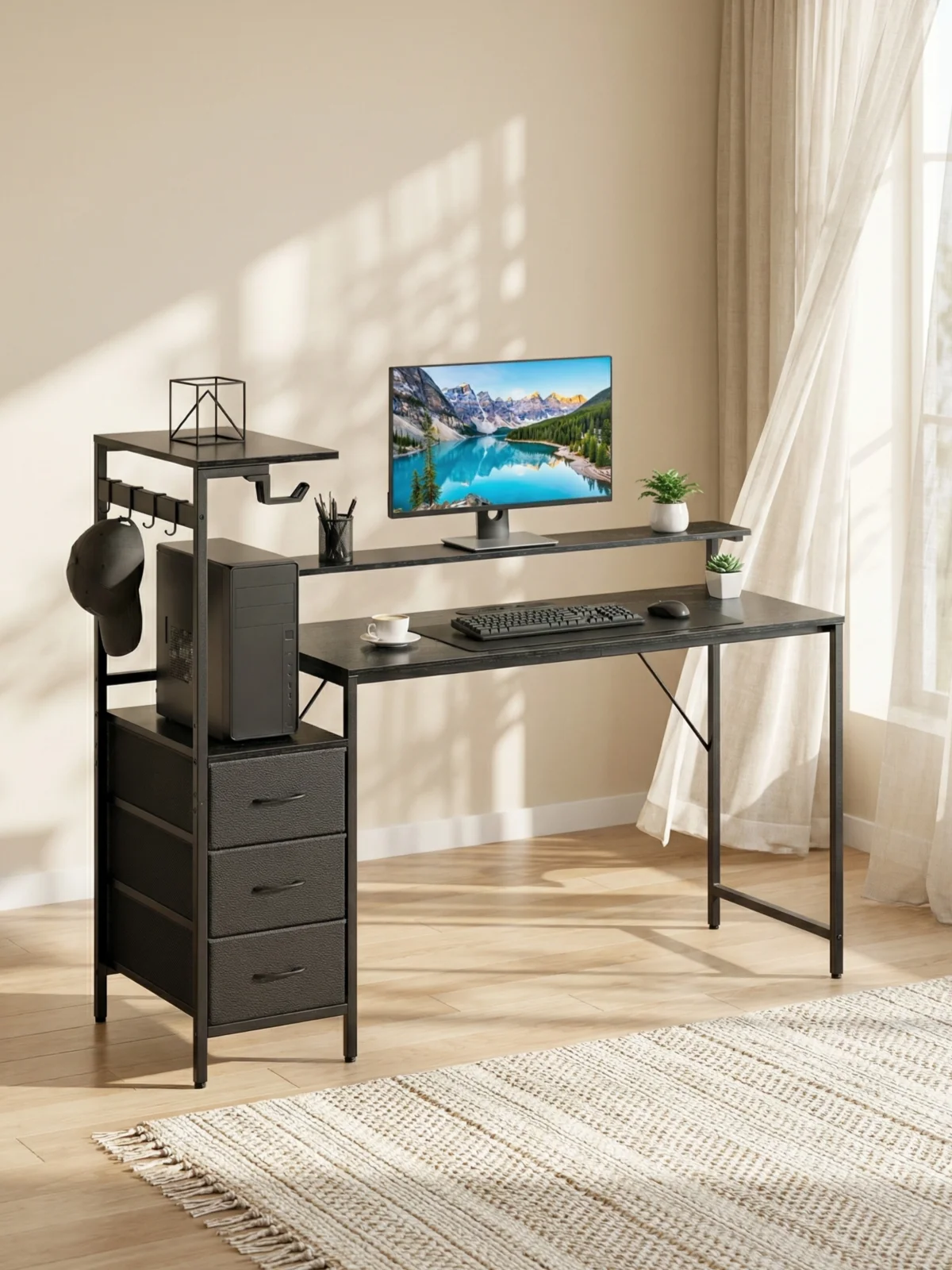 120/150cm Computertische, Gaming-Schreibtische mit LED-Beleuchtung und Steckdosen, Moderner Bürotisch mit Regalen und Aufbewahrungsschubladen
