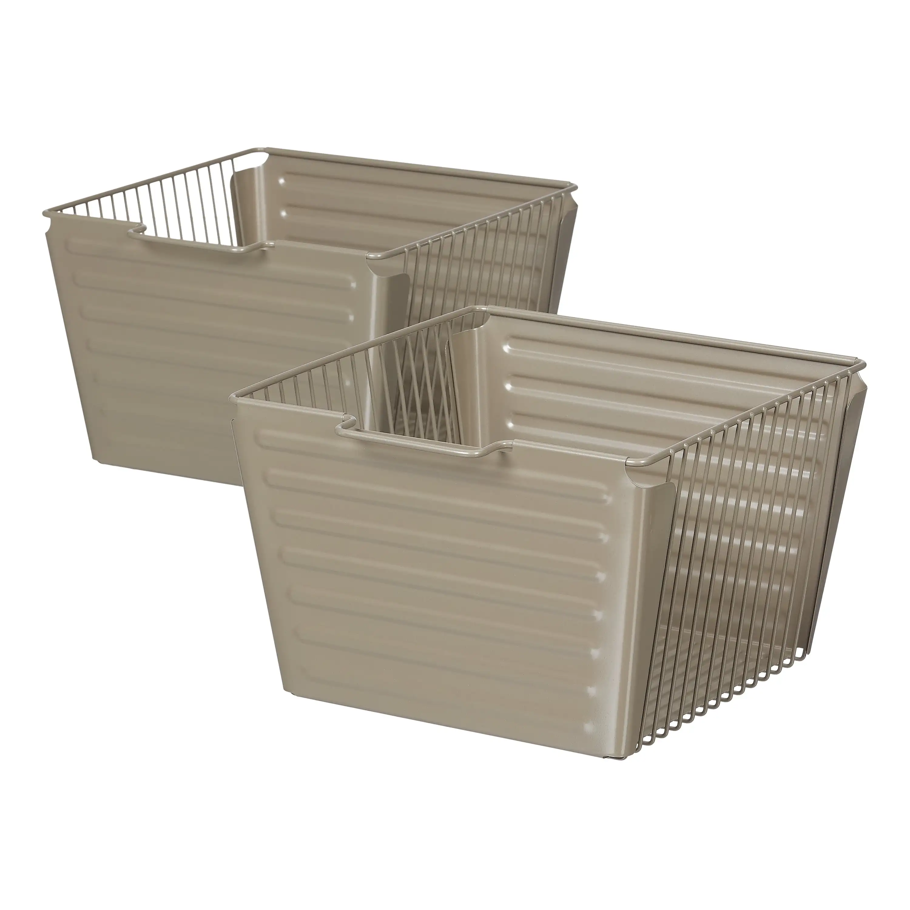 

Mainstays Stamped Sheet Metal Storage Basket with Handle for Kitchen, Pantry, Closet and Garage, Pack of 2, Taupe