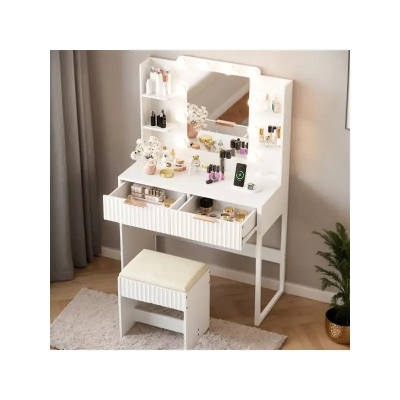 White Particleboard Melamine Finish Dressing Table Set with 2 Drawers, 4 Shelves, 10 LED Bulbs, Power Strip, and Grille