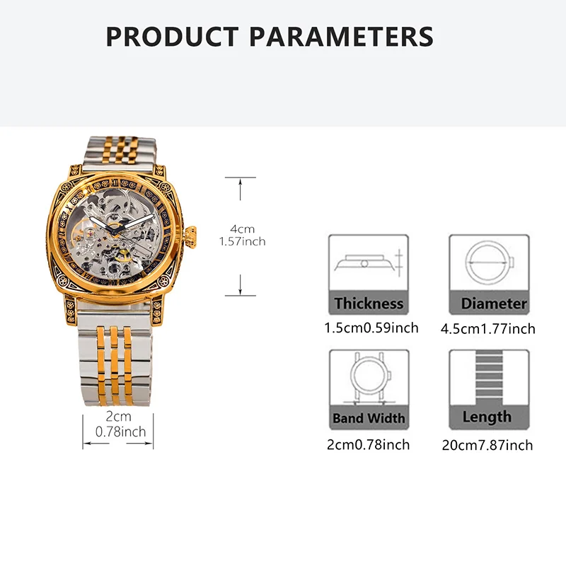 A men's business-style automatic mechanical watch with a two-tone gold steel strap and skeleton dial.