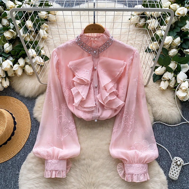 

Spring Autumn French Standing Collar Nail Bead Shirt for Women Fashionable Versatile Unique Ruffle Edge Blouse Tops W100