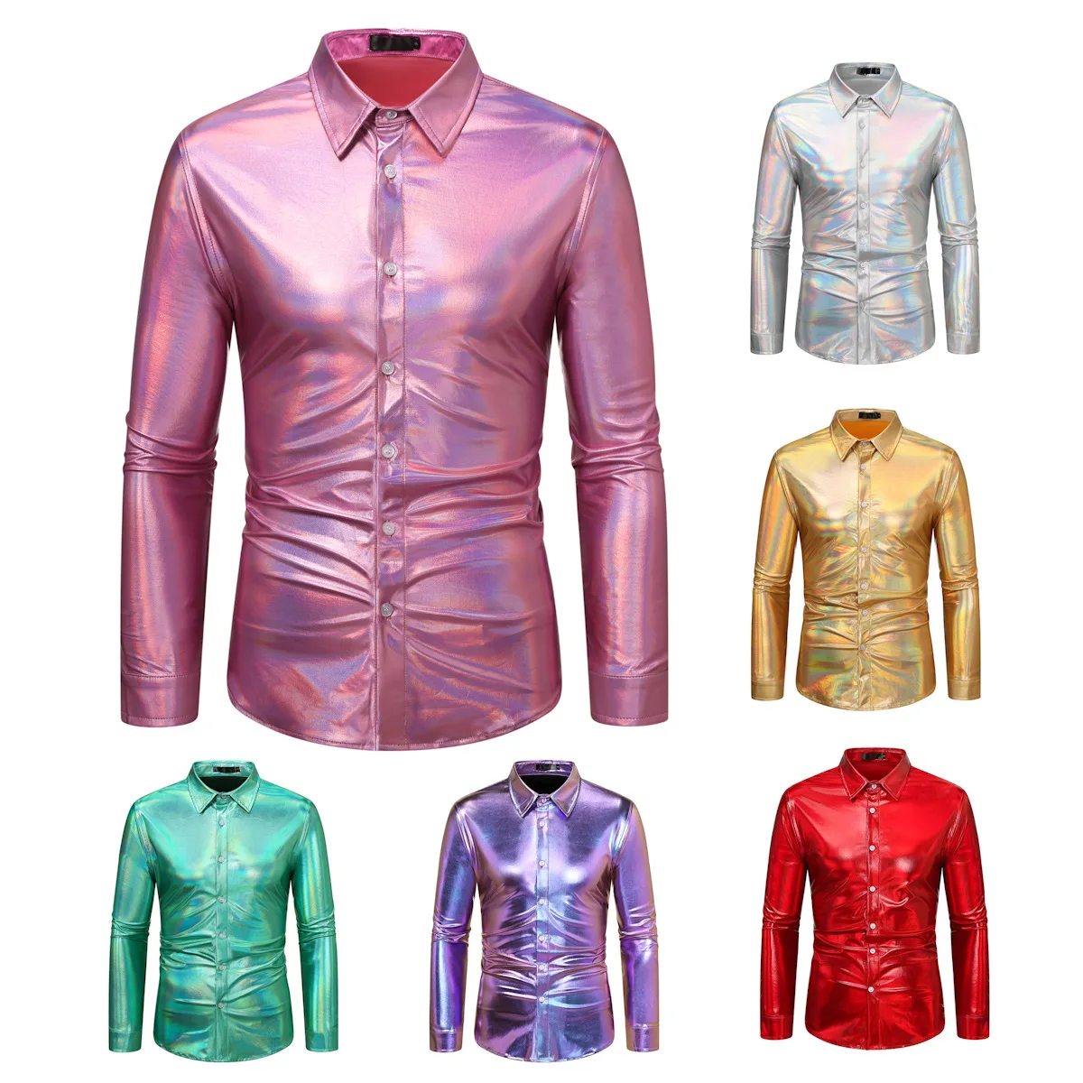 

New Long Sleeved NightClub Party Shirt for Men Button Up Gold Shinny Stage Dress Shirts Costume Homme Hip Hop Shirt Outfits
