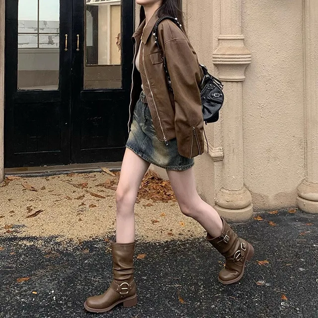 Vintage Leather Jacket Leather Jacket Autumn Women Korean Streetwear Causal Zipper Brown High Street Winter Outerwear Loose Coat
