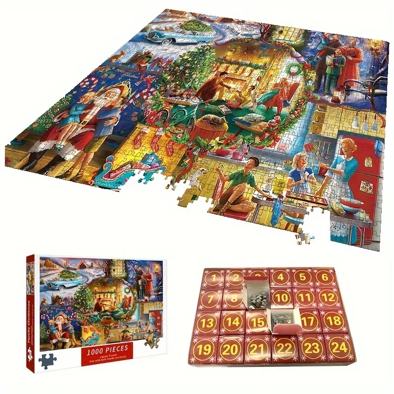 

2024 Christmas 1000pieces Paper Jigsaw Puzzle Family Christmas Adult Jigsaw 24-Days Countdown, Family Gamehome decro