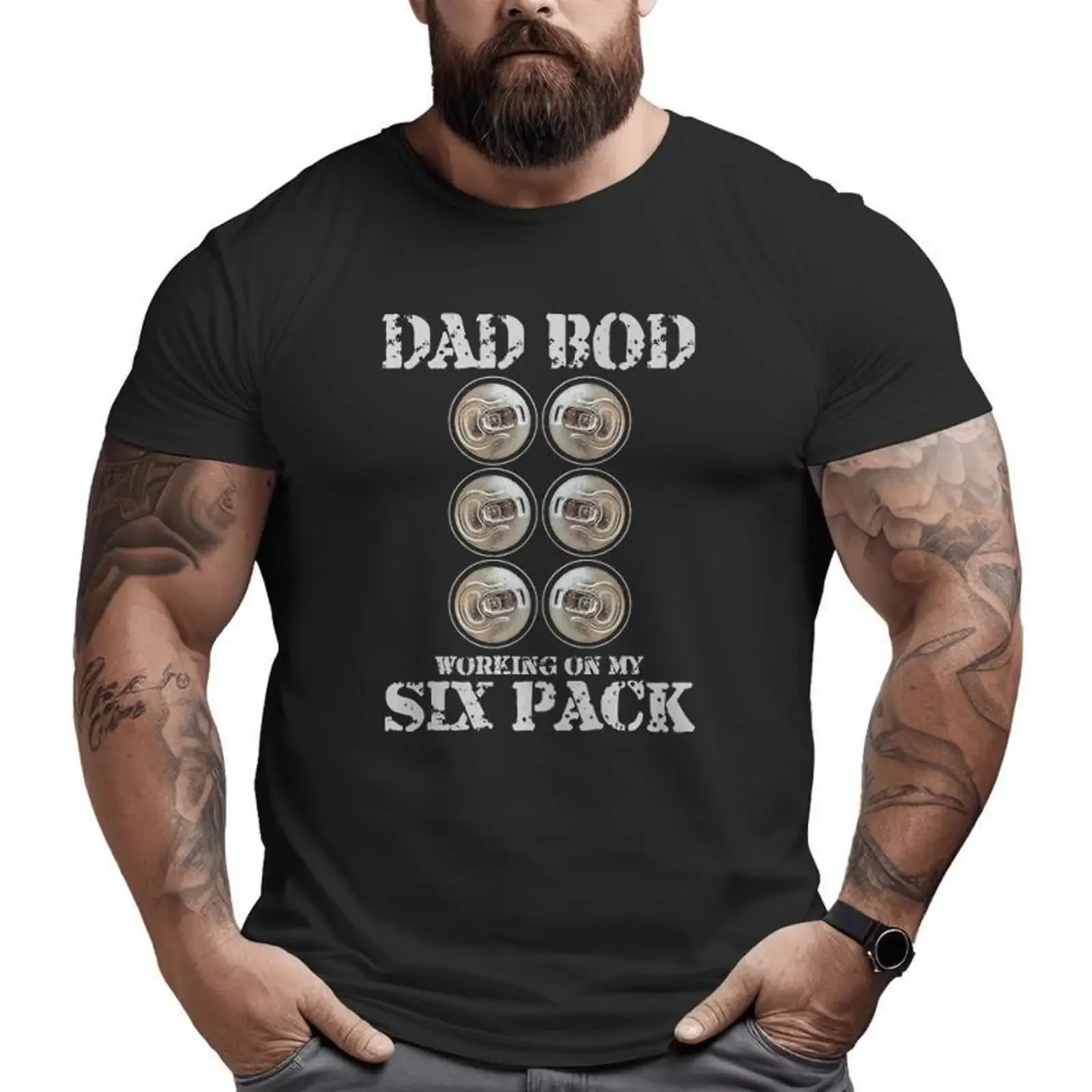 Camiseta Mazezy vintage lavada para hombre, talla grande, con estampado de papá a la hora de la cerveza y el six pack, para el Día del Padre, el día a día, elástica.