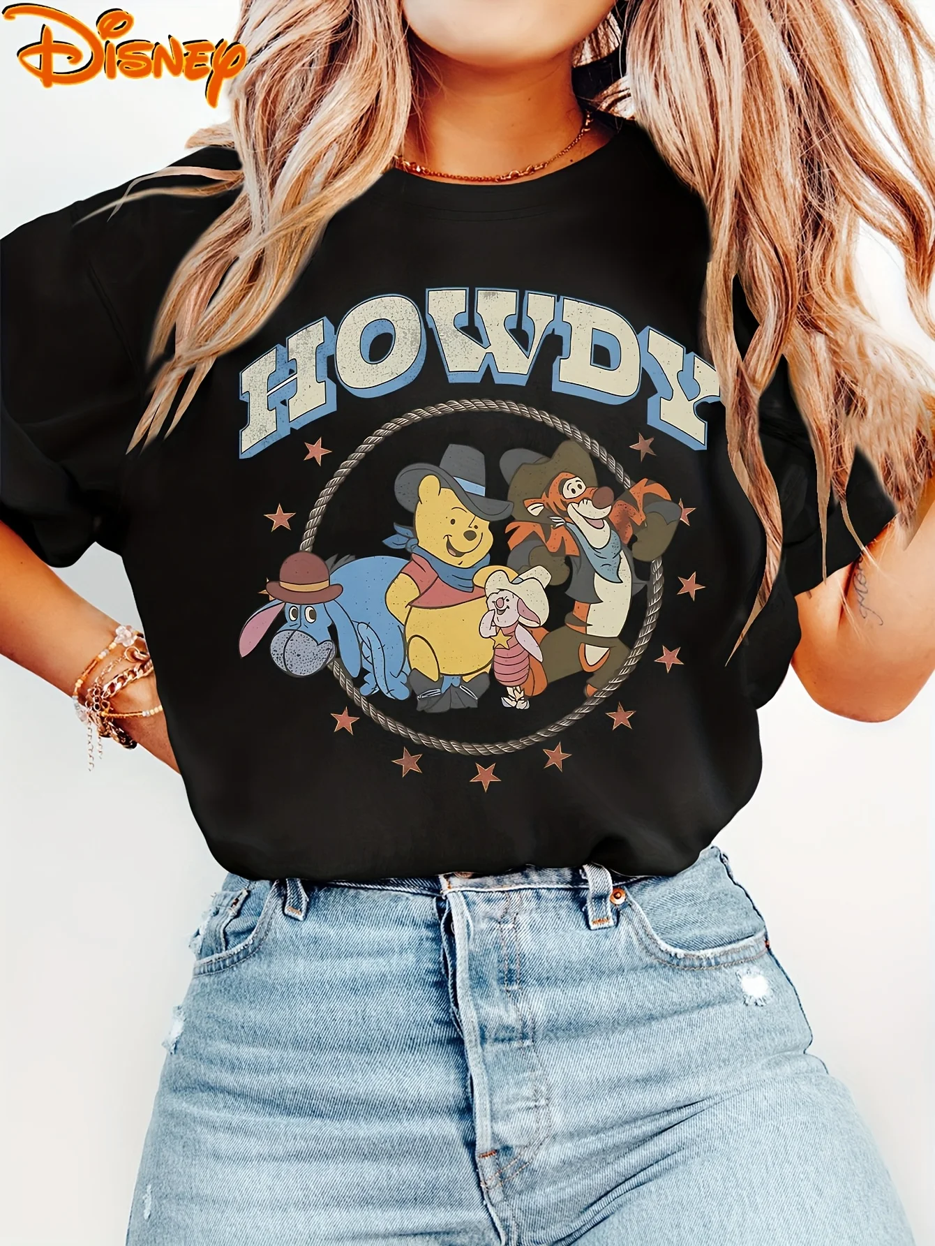 

2025 Disney Pattern Printed Women's Casual Comfortable Unique Smiling Face Black Round Neck Short Sleeve T-shirt