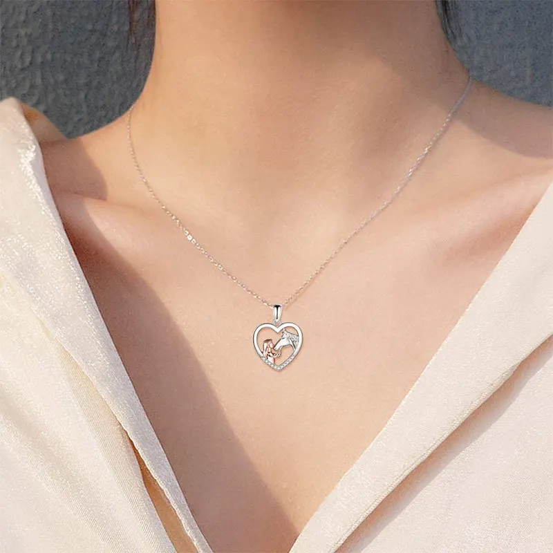 Exquisite Heart Zircon Girl and Horse Necklace for Women Rose Gold Plated Pendant Necklace Animal Jewelry Party Anniversary Gift