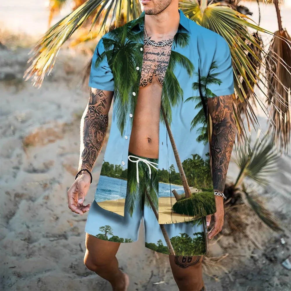 2025 New Hawaiian Men's Shirt 2-Piece Summer Short-Sleeved Button-Up Shirt Beach Shorts Holiday Men's Daily 2-Piece Suit