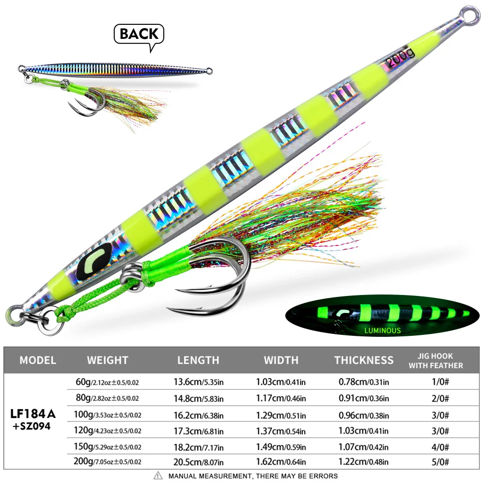 Proberos 1 Stück Simulierter 3D-Fischschuppen-Hardbait, schnell sinkender, leuchtender Metall-Jigging-Köder 60g-200g mit Haken, Bass- und Meerwasserköder