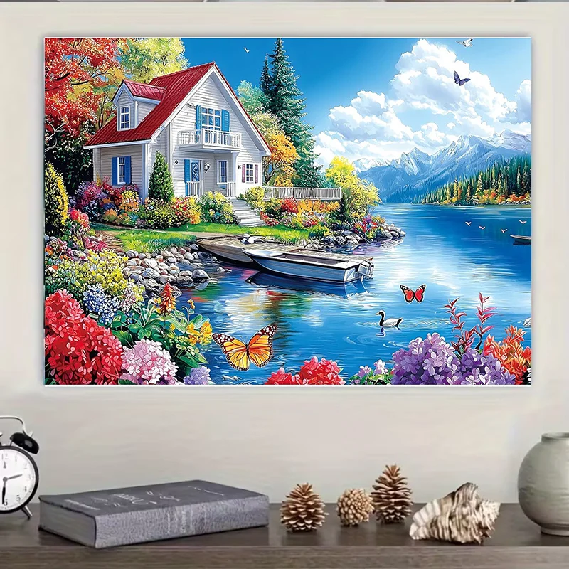 

1000pcs Adult Jigsaw Puzzle - Cottage by the Lake: Challenging Scenic Lakeside with Cottages, Trees & Dock - High-Difficulty B