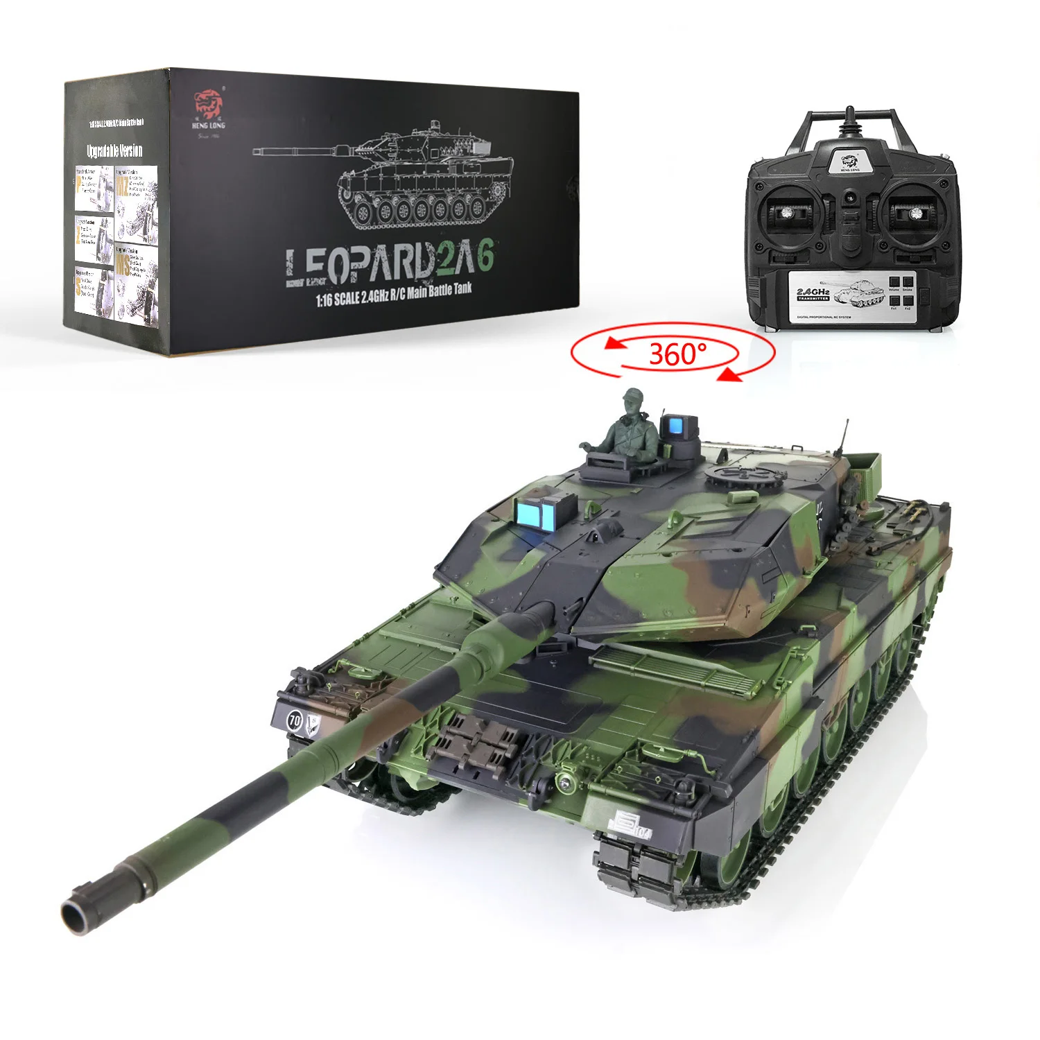 2,4 Ghz Heng Long 1/16 7.0 kunststof Leopard2A6 RTR RC tank 3889 met 360 °   Torentje klaar om auto's te werken TH17575