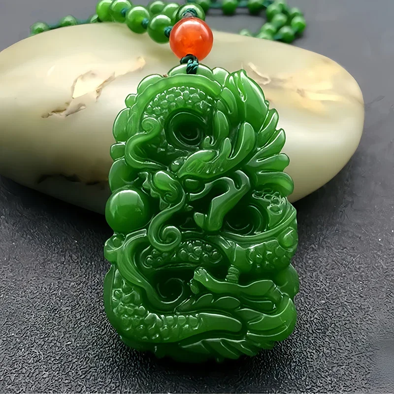 

Real Jade Dragon Pendant Necklace Carved Jewelry Natural Fashion Charm Talismans Designer Men Gift Vintage Amulet Accessories