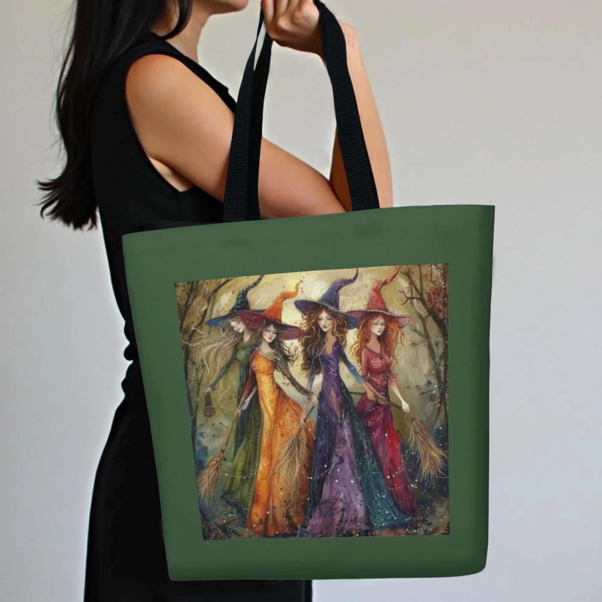 Fantastic Gothic Lovers Canvas Tote Bag, Dark Green Fantasy Witch Coven Themed Shoulder Bag Reusable Shopping Bag for Women