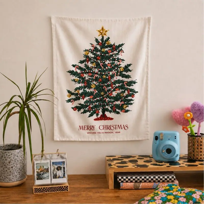 VIKAMA Wall Tapestry Merry Christmas Happy New Year Watercolor Tree Star White Winter Holiday Wall Hanging Home Decor Living