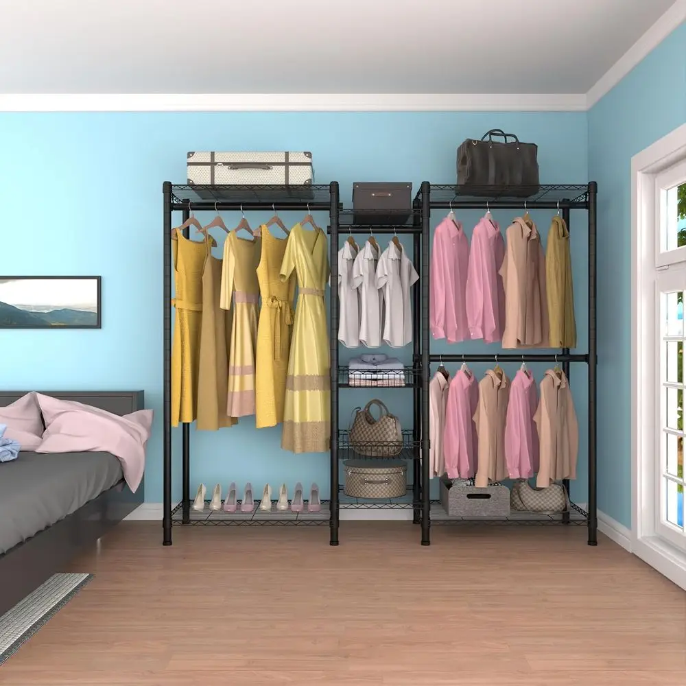 Sturdy Wire Clothes Rack with Adjustable Shelves & 2 Fixed Baskets, 60.7L x 15.7W x 70.5H, Max 720LBS Load Capacity, Black