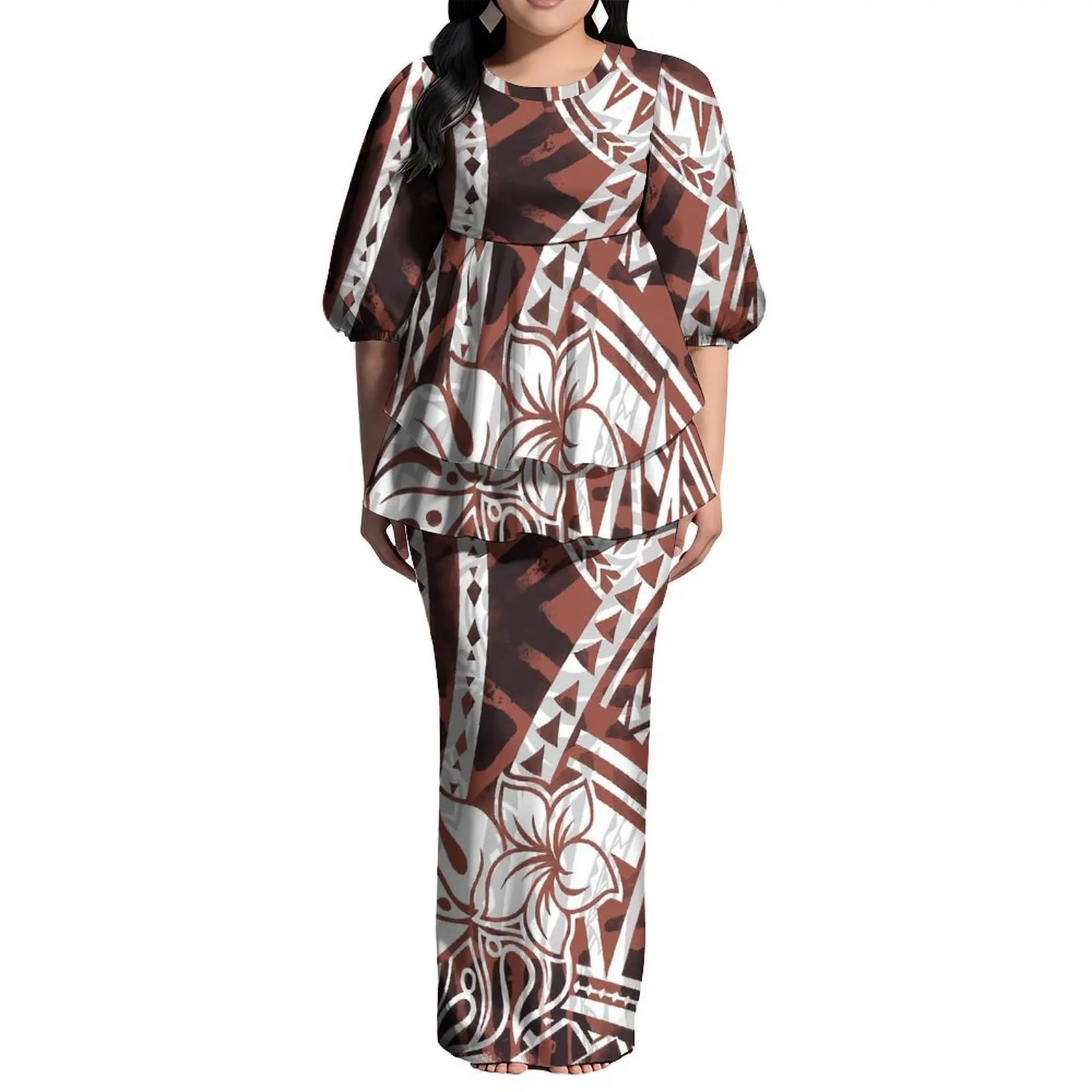 

Summer Puletasi Suit Dress With Puffed Sleeves Round Neck And Double Hem Polynesian Custom Women'S Dress Elegant Evening Dress