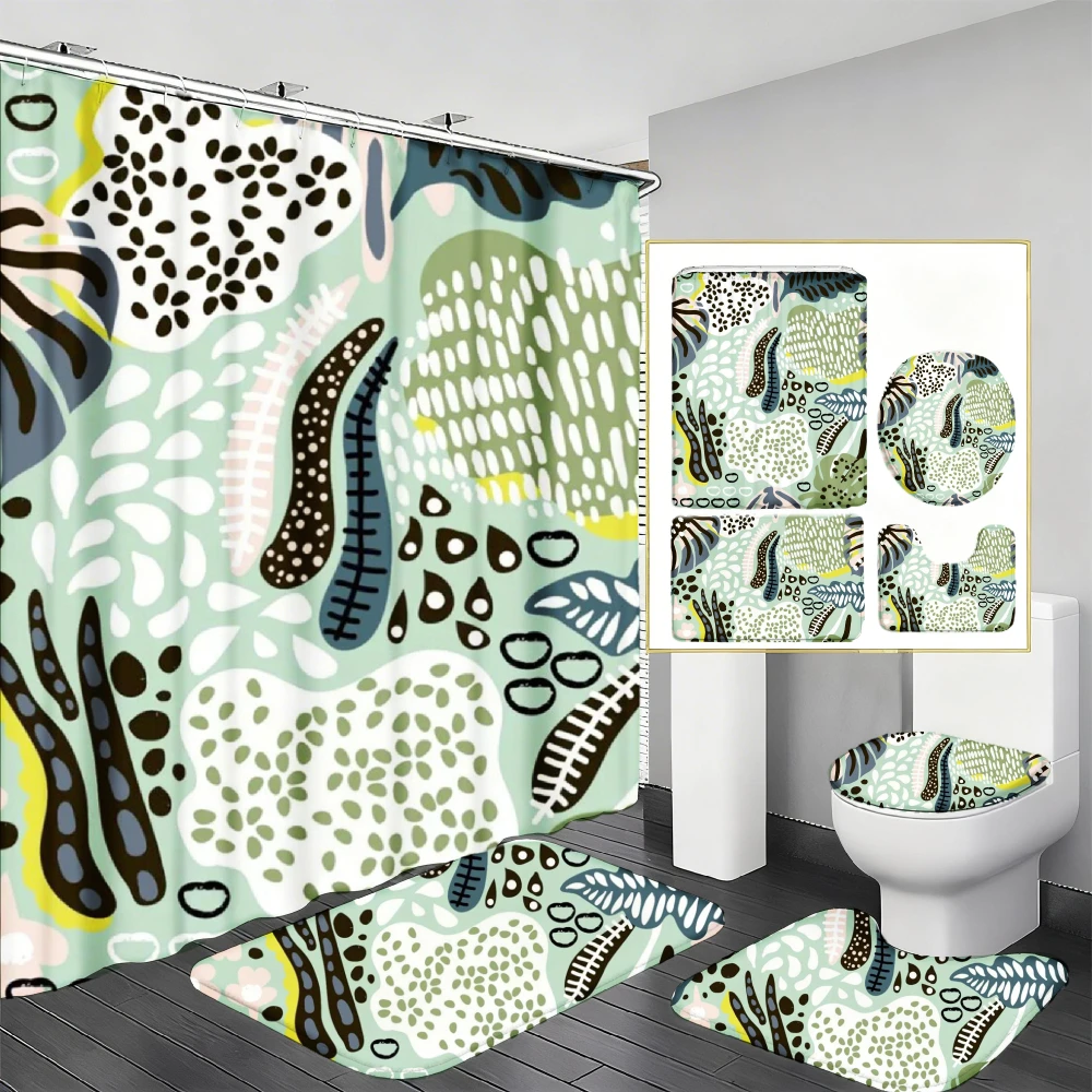 2D Flat, 4pcs Shower Curtain Set: 2D Flat Shower Curtain Set Including a Shower Curtain, Toilet Seat Cover, And a Four-Piece Bathroom Set Featuring a Mint Green Abstract Design with Black And White Dots, Leaves, And Stripes