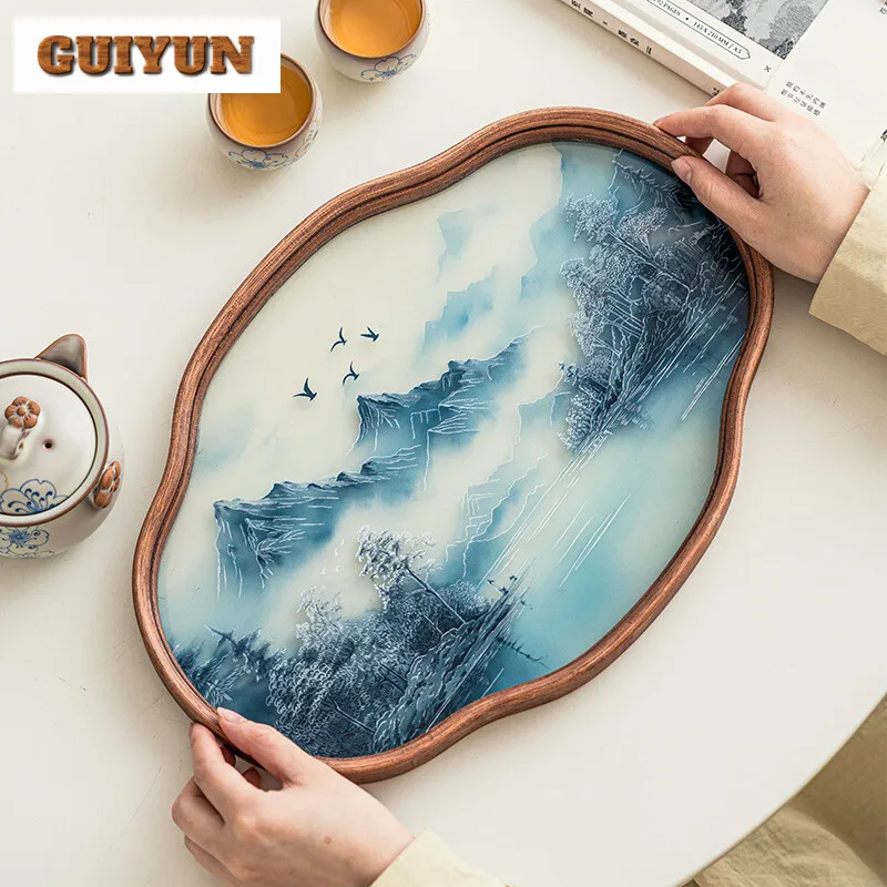 Chinese Painting Glass Wooden Tray Bamboo-colored Tea Coffee Juice Tray Storage Decorative Serving Tray Fruit Snack Storage Tray