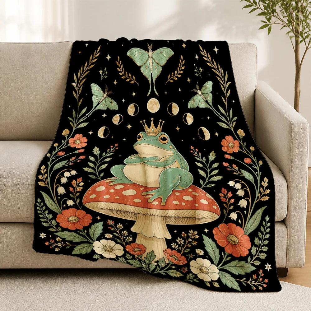 Bohemian Mushroom Frog Cottagecore Throw Blanket Sofa Nap Cover Woodland Forest Art Throw Cozy Decor for Living Room
