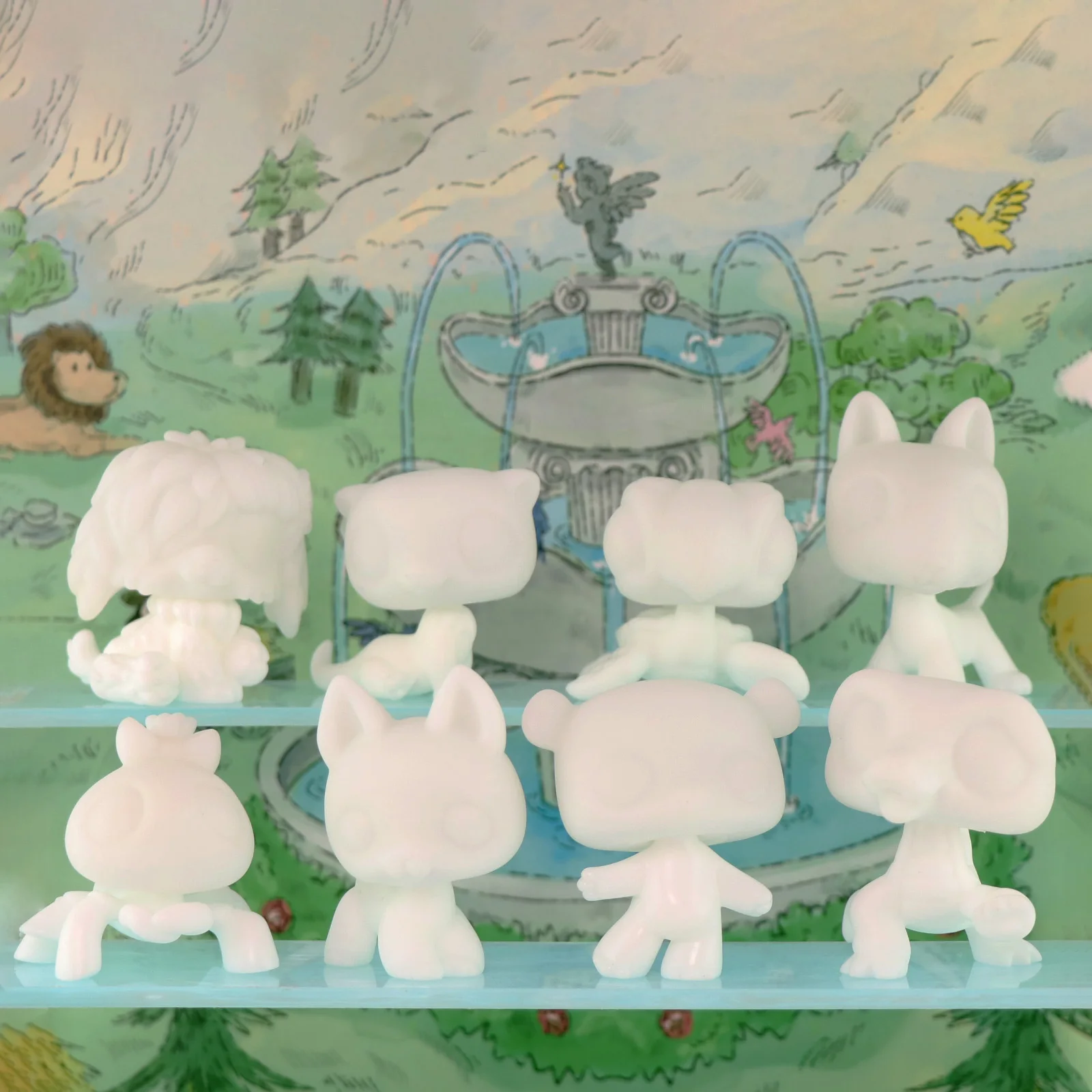 Biała baza LPS Minilpsshop do malowania figurek zwierząt: krokodyl, pająk, owczarek niemiecki, żółw, panda, bullterier i owczarek szkocki DIY