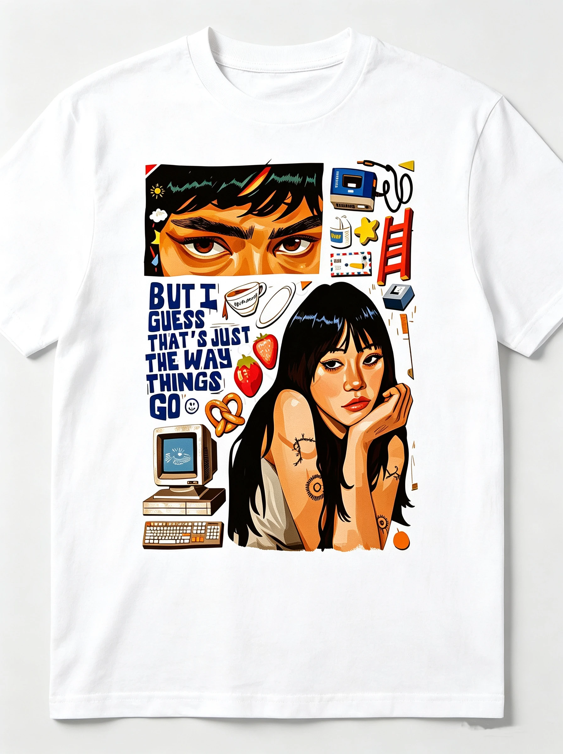 Unisex Retro Comic Girl Portrait Collage Vintage Computer Strawberry Graphic T Shirt Men Women Streetwear Aesthetic Short Sleeve White Casual Tee