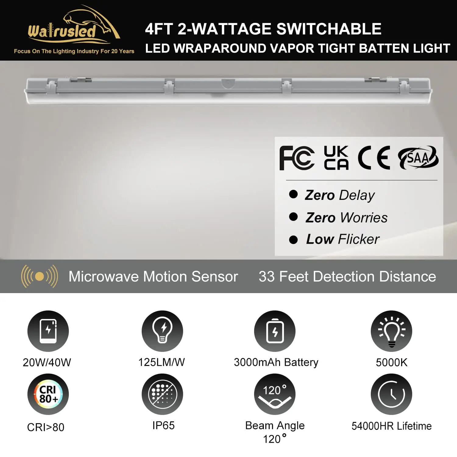 Sensore di movimento a tre livelli da 4 piedi LED Luce di emergenza impermeabile Batteria di backup IP65 40W 5000lm Luci da negozio strette per vapore dimmerabili