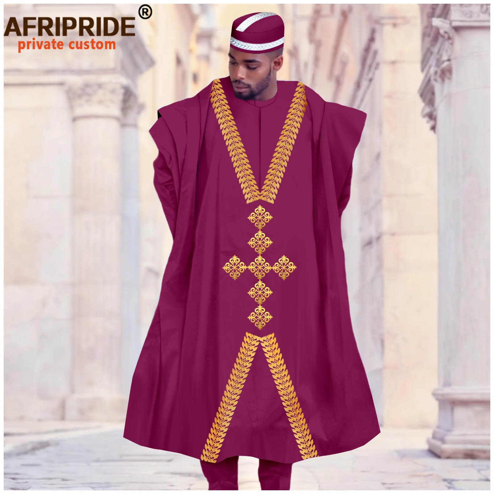 

African Men Traditional Clothing Embroidery Agbada Robe Shirts Pants and Hats 4 Piece Set Garments for Wedding Evening 2516006