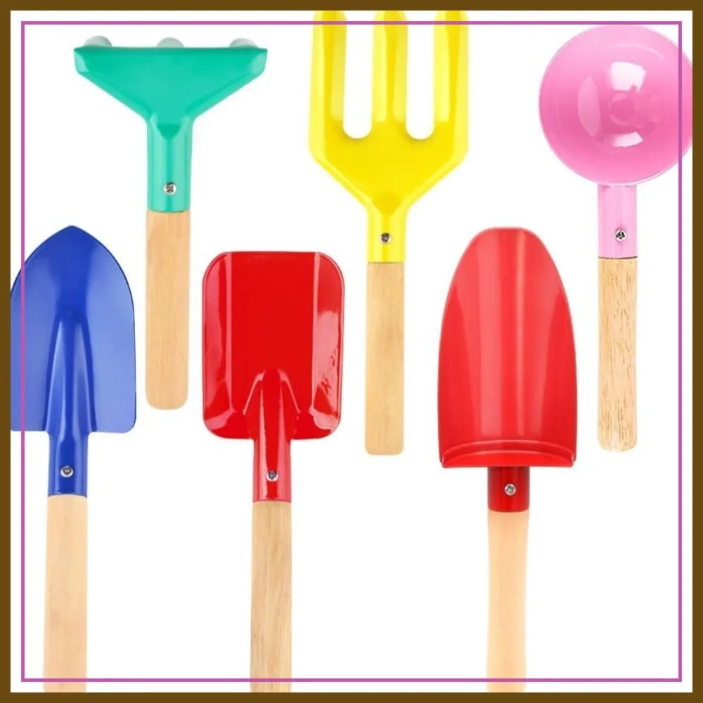 

6Pcs 8'' Metal Gardening Tools Set with Wooden Handle, Beach Toys for Kids, Cylinder Spoon Fork Rake Shovels