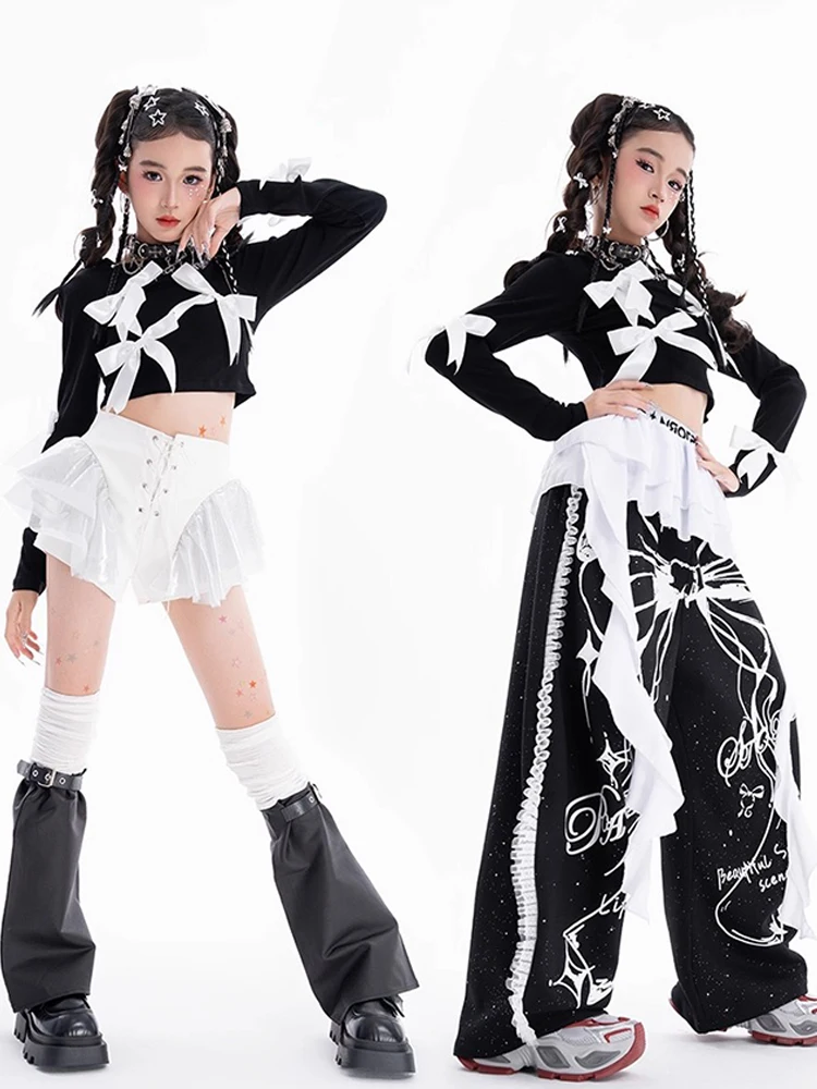 Süße Bowtie Mädchen Jazz Dance Kleidung Schwarz Tops Hosen Mode Street Wear Kinder Laufsteg Konzert Outfits Hiphop Show Tragen BL17651