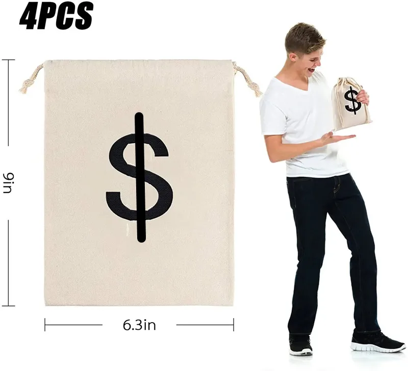 Canvas Money Bags for Party, Costume Money Bag Prop with Dollar Sign, 6.3 x 9 Inches Money Sacks for Halloween Bank Robber Pirat