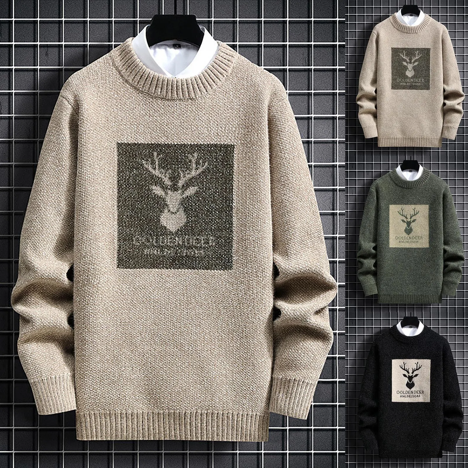 Men Christmas Pullover Fashion Jacquard Loose Casual Crew Neck Knit Sweater Simple Hundred Matching Handsome Tops For Male Work