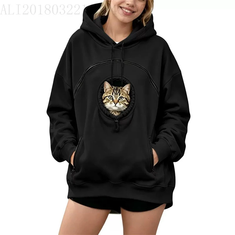 Cat Pouch Hoodie For Women Pet Cat Carry Pocket Hooded Sweatshirt Multi Zipper Long Sleeve Fleece Casual Streetwear Pullover Top