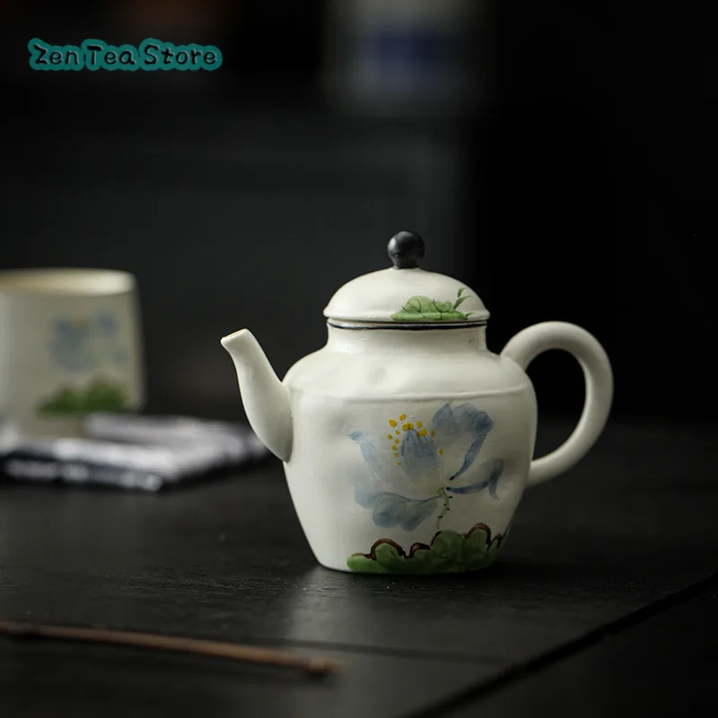 Blue Lotus Powder Drawing Teapot Single Pot Rough Pottery Chinese High-end Household Ceramic Teapot For One Person