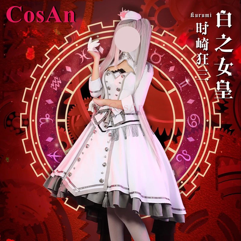 CosAn Anime Date A Live Tokisaki Kurumi Kostum Cosplay Gaun Formal Elegan Ratu Putih Pakaian Bermain Peran Pesta Halloween Baru
