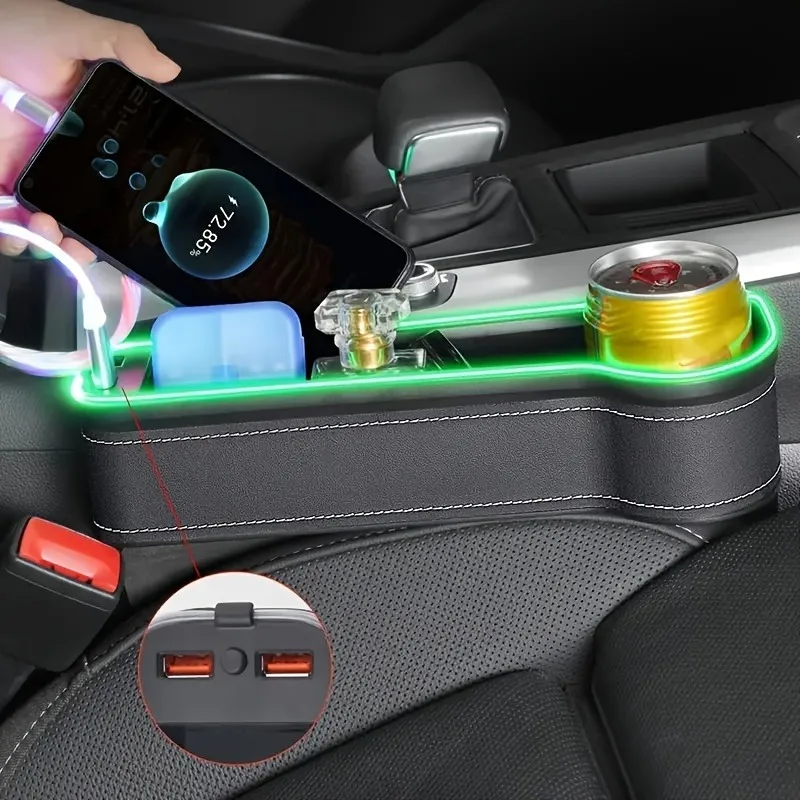 กล่องเก็บของในรถยนต์แบบมีช่องเก็บของในเบาะ, ไฟ LED ดีไซน์สวยงามพร้อมที่วางแก้ว, กล่องเก็บของในรถยนต์แบบชาร์จ USB