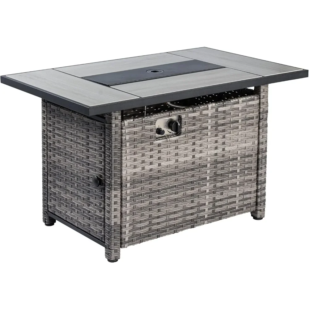 

42" Fire Pit Table, 50,000 BTU Fire Table, PE Wicker Fires Pits with Lid & Lava Rock for Outside, Propane Fire Pit Table