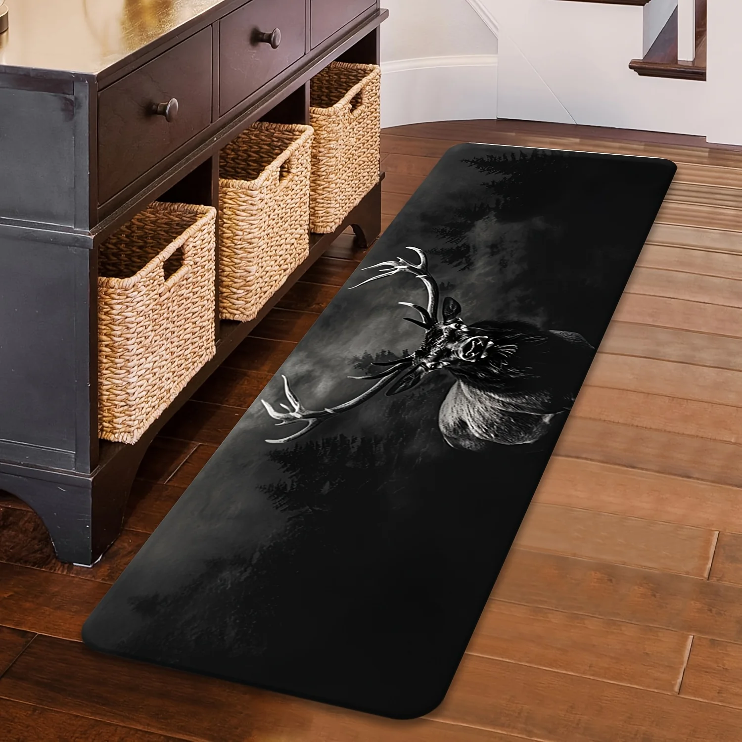 1 Soft Flannel, Wildlife Theme Black and White Forest Brave Deer King Pattern Long Strip Laundry Room Mat, Non-Slip Washable K