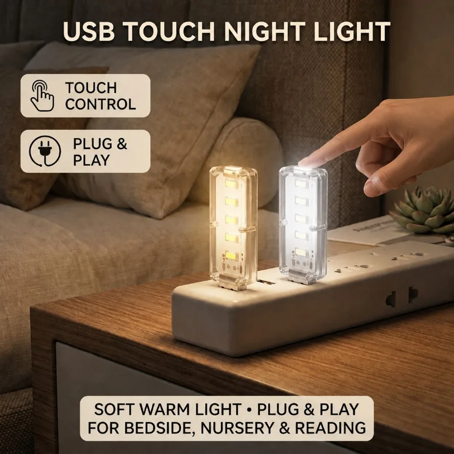 5V Mini USB Touch Control LED Night Light Plug Play Warm/White Light Portable Bedside Reading Lamp for Bedroom Indoor Lighting
