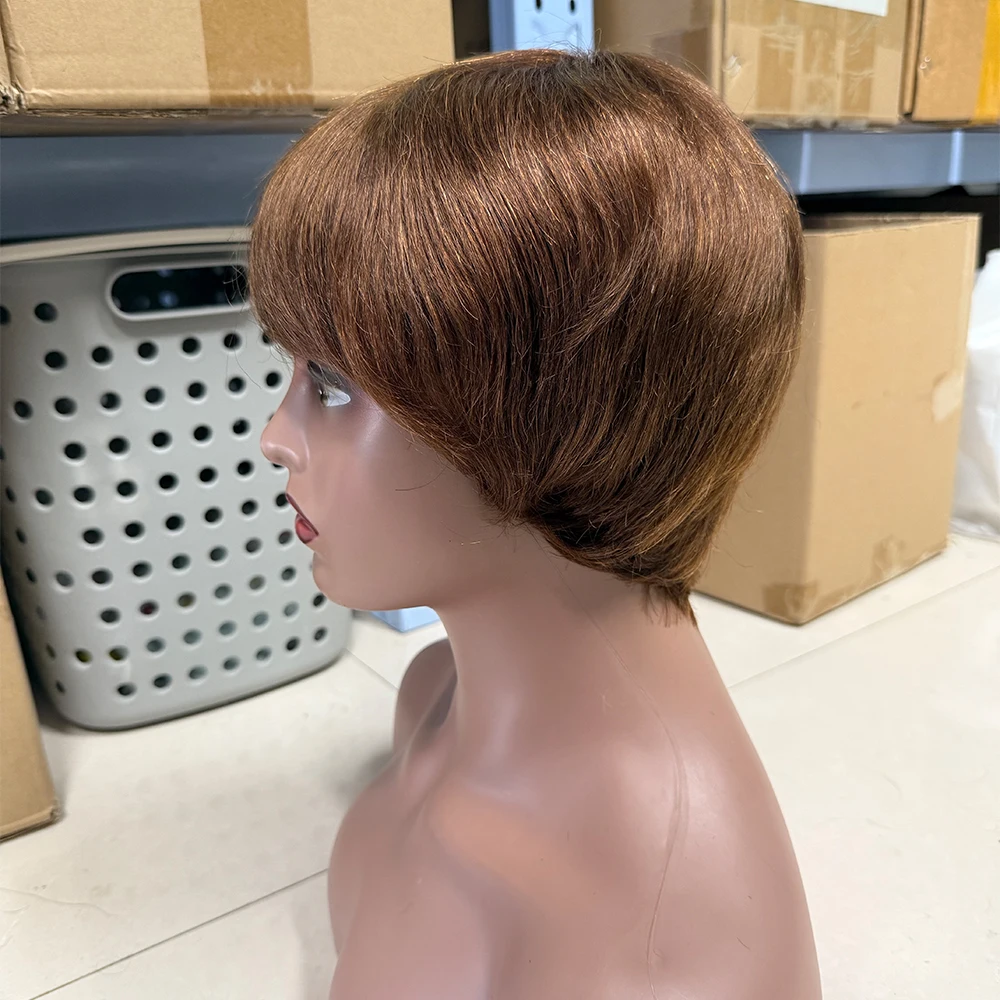 4 # قصيرة عابث قطع شعر مستعار شعر الإنسان الشوكولاته براون خصلات الشعر المستعار الإنسان للنساء الصبي قطع شعر مستعار Duby رخيصة مع الانفجارات آلة صنع الباروكات #4