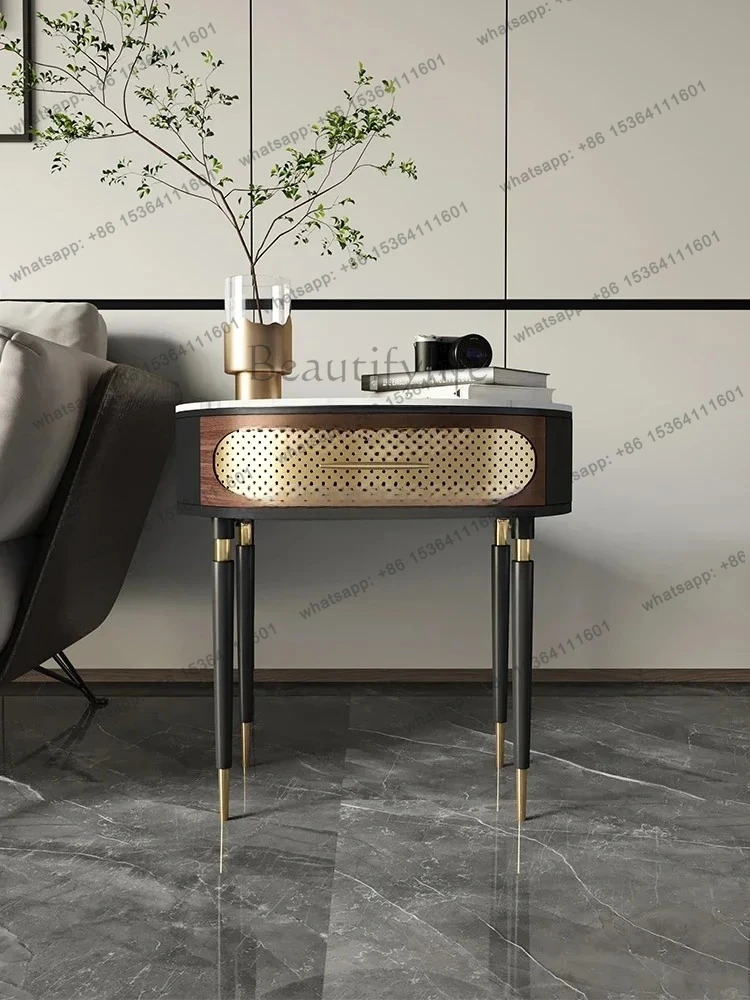 Italian Mild Luxury Marble Corner Table Living Room Retro Sofa Side Table Gold Boots Solid Wood Small Coffee Table