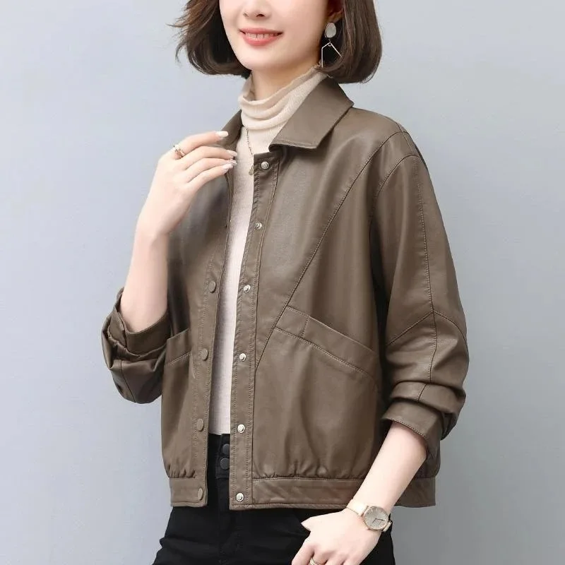 

Fashionable Women's Autumn 2025 New Loose Casual Small Leather Jacket Top Elegant Solid Color Versatile Cardigan