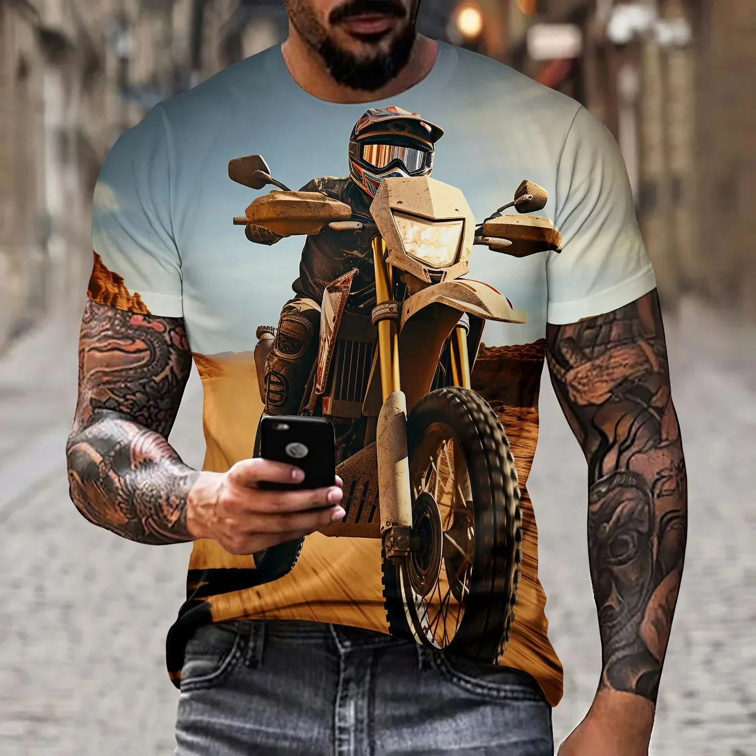 Men's New 3D Motorcycle Printed Crew-neck T-shirt Creative and Handsome Street Bike Race Crew-neck Short Sleeve