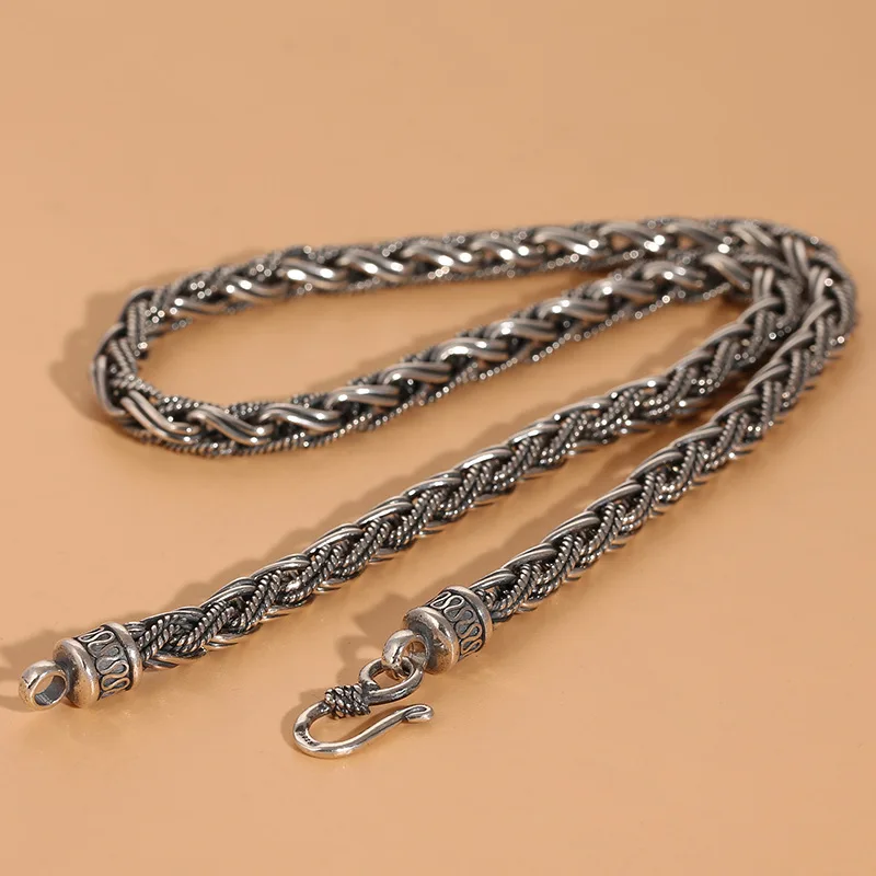 

S925 Thai silver twist necklace wholesale vintage ethnic style woven twisted hemp rope silver necklace domineering men