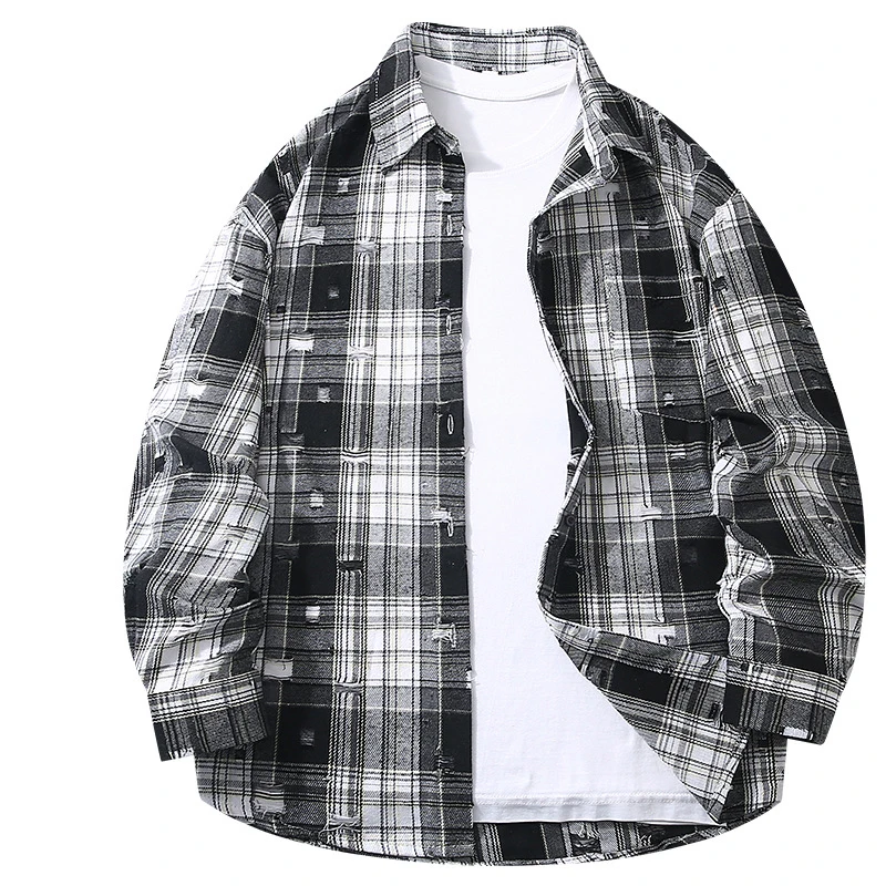 American Style Ripped Plaid Shirt Vintage Loose Trendy Style American Street Style Distressed Plaid Long Sleeve Shirt