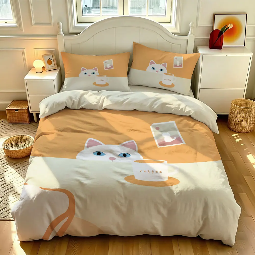 3 pieces orange-colored cat coffee toast pattern bedding set including 1 bedding cover and 2 pillowcases (without inserts) se