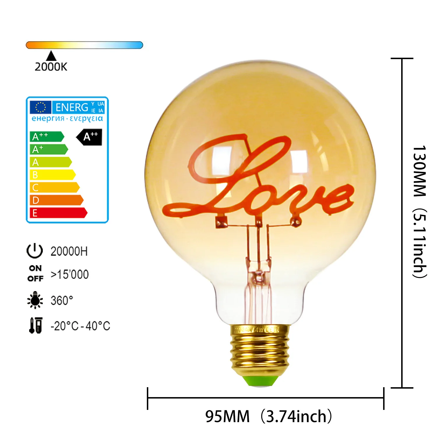 Lâmpada retrô Edison regulável E27 220V 110V 4W G95 Love Letter Light Home Decor Lâmpada de filamento LED