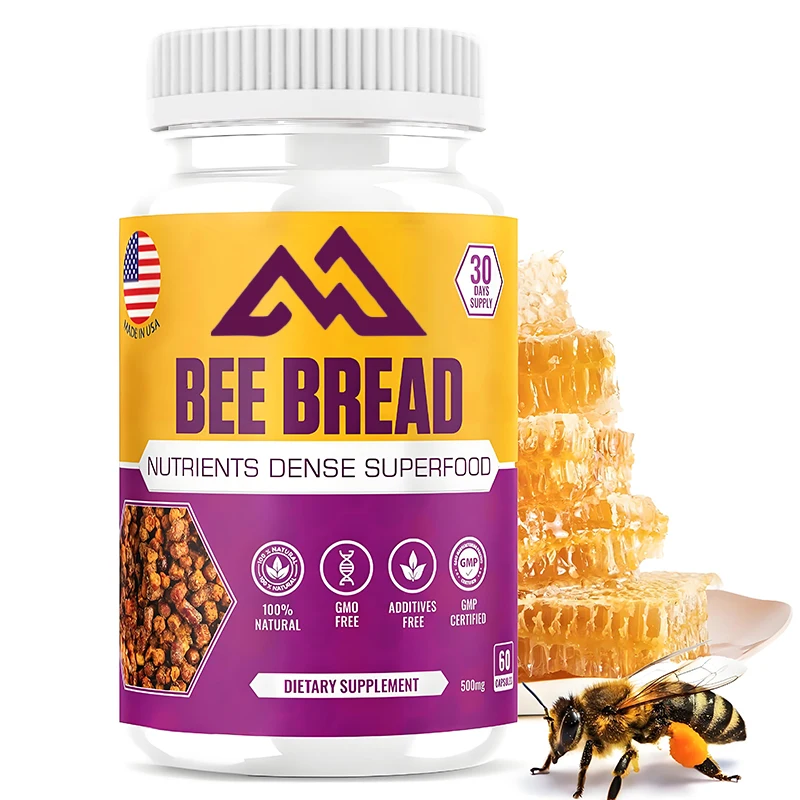 

Bee bread supplement, fermented bee pollen 500mg, 60 capsules vegetarian, all natural, adult immune boosting support agent