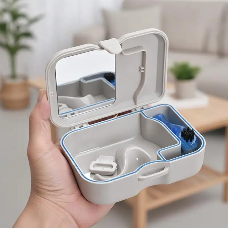 Portable Food Grade Denture Storage Box with Mirror & Cleaning Brush Denture Holder for Elderly Daily Oral Care Travel