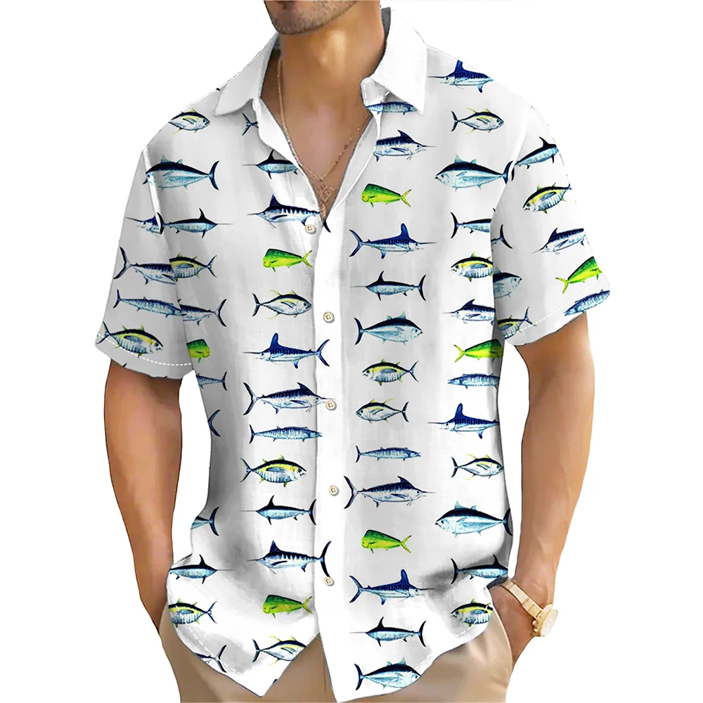 Summer Fashion Ocean Fish Print Men\'s Short Sleeve Casual Printed Tops Seaside Vacation Travel Wear Oversized Tops