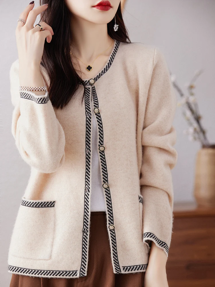 100% Wool Cardigan Sweater Women O-neck Long Sleeve Top Korean Style Oversized Loose Pocket Mujer Knitwear Basic Autumn Clothing